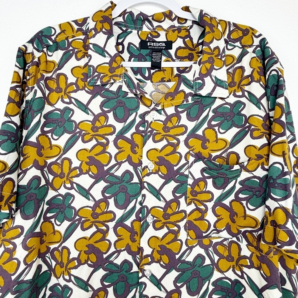 RSQ Mens XXL Floral Button Down Shirt Short Sleeve Rayon Mustard Teal Green XXL